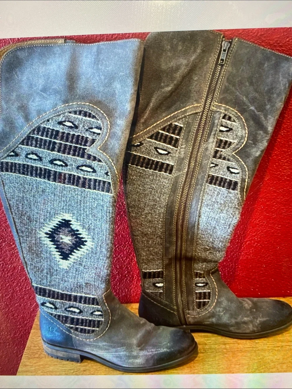 Born Lucero Gray & Brown Aztec Tapestry Knit OTK  Boots -  EUC - Size 9